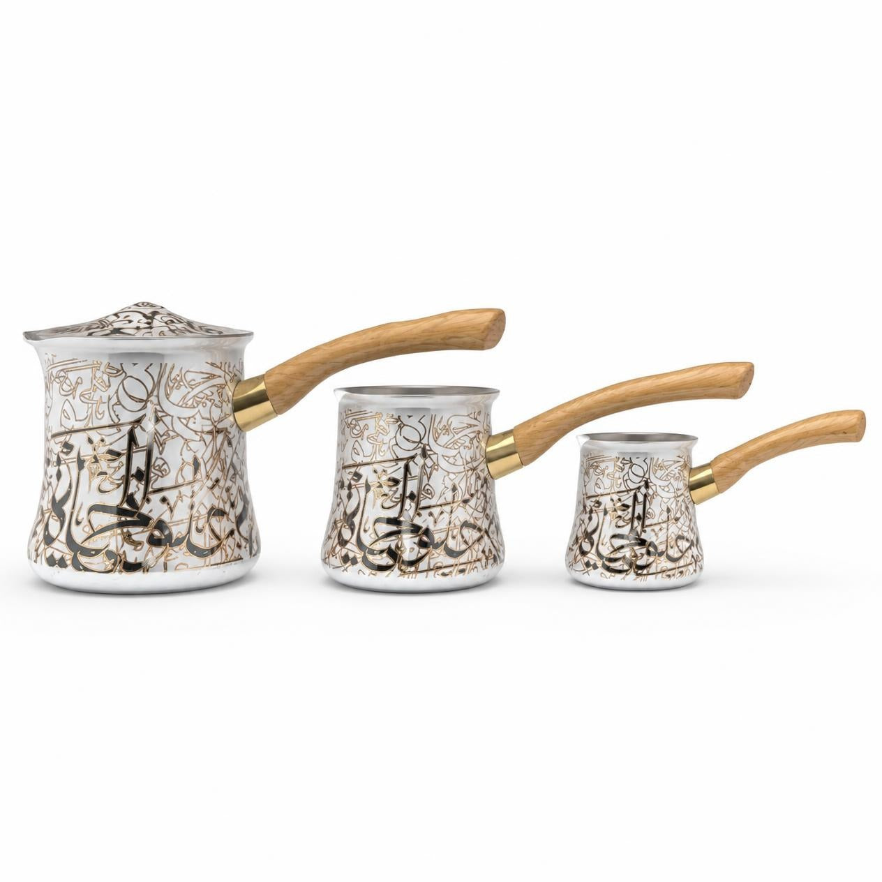 Arabic Calligraphy Turkish Coffee Pot (Cezve) - Wooden Handle Set of 3