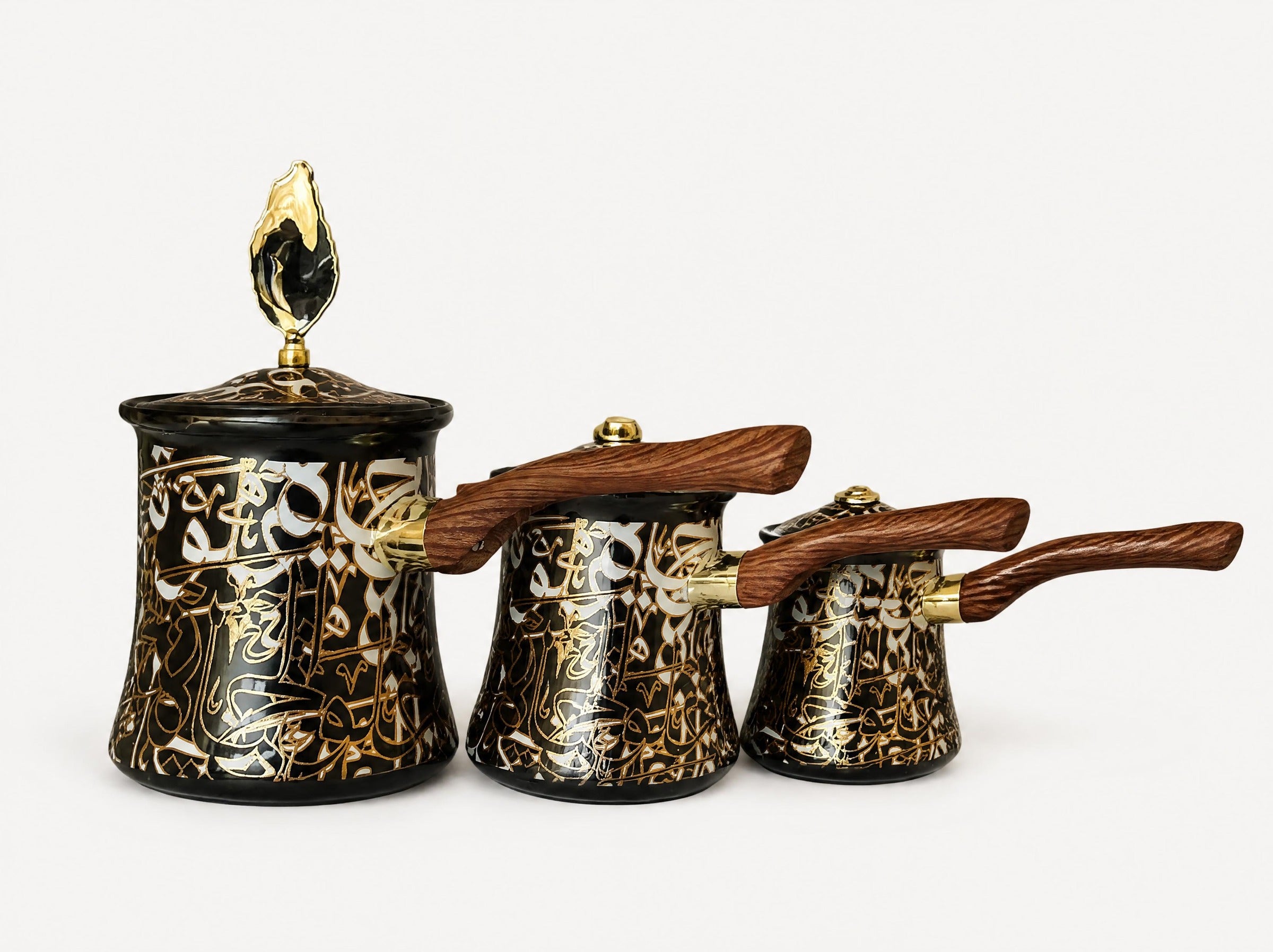 Arabic Calligraphy Turkish Coffee Pot (Cezve) - Wooden Handle Set of 3